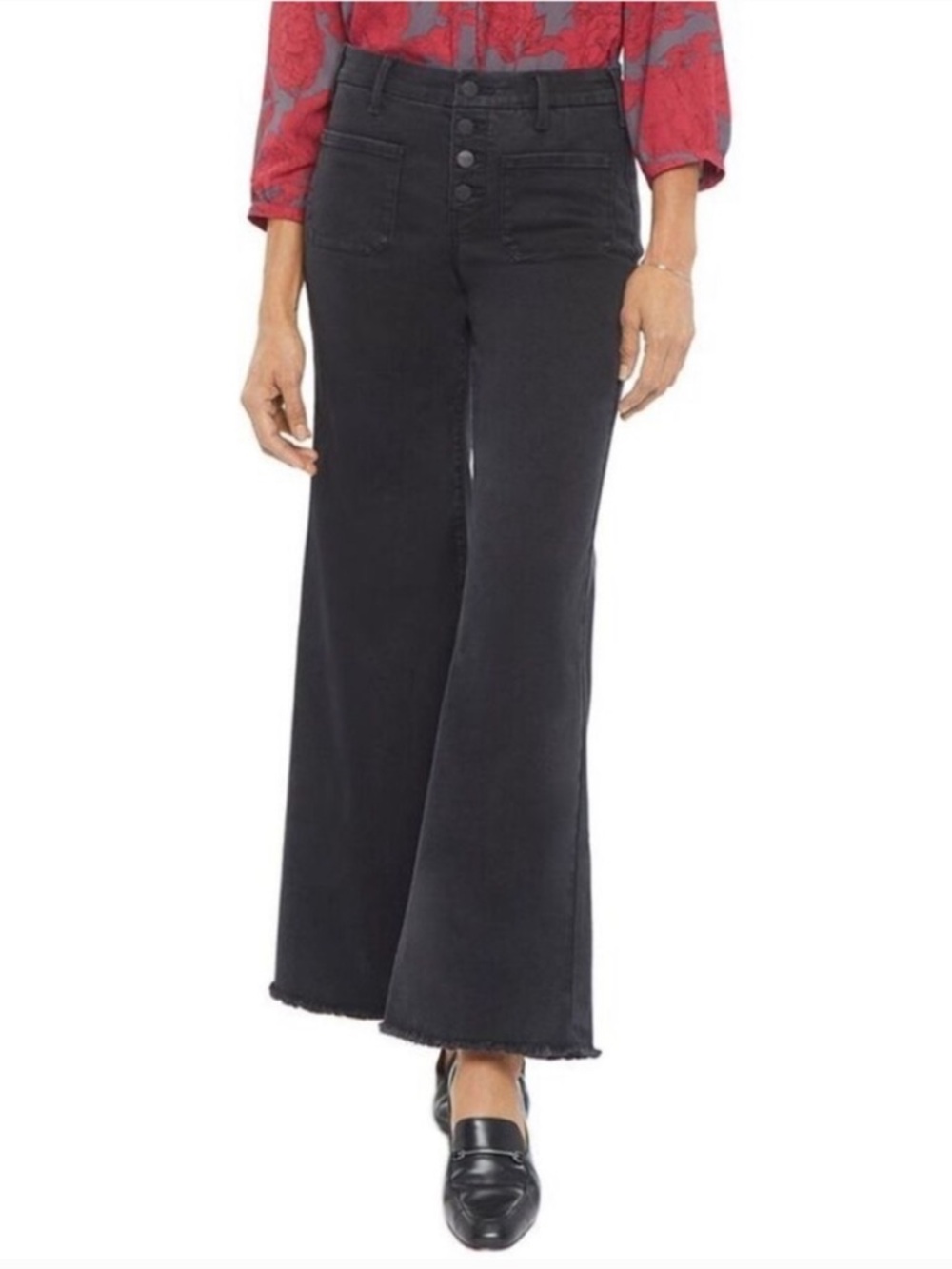 NYDJ Patchie Trinity Wash Black Button Fly Wide Leg Ankle Jeans size 14
